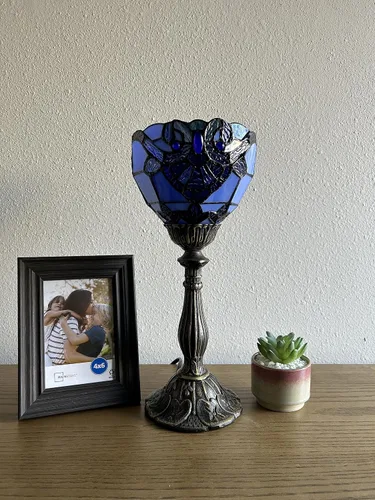 Miniatura 8 de Tiffany - Mini lámpara de mesa con antorcha azul, estilo barroco, lavanda, vitral, incluida, bombilla LED para sala de estar, comedor, dormitorio
