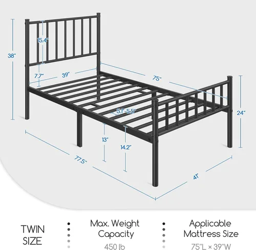 Miniatura 2 de Yaheetech Base de cama individual con plataforma de metal, base de colchón con cabecero y estribo, no necesita somier, almacenamiento debajo