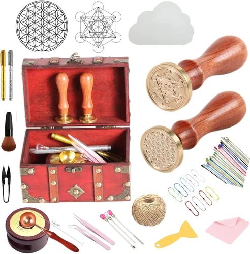 Kit de sellos de cera de geometría sagrada, juego de sellos de cera de geometría sagrada, incluye una pequeña caja de joyería de cofre del tesoro, 2