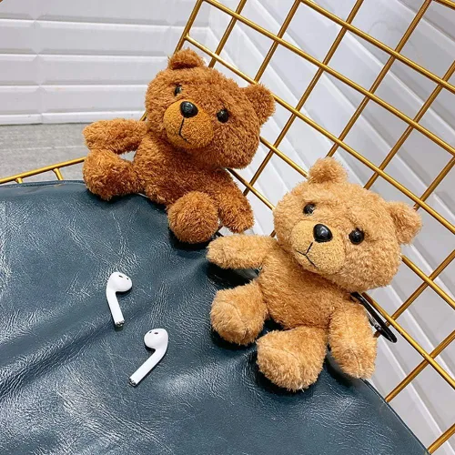 Miniatura 5 de Yatchen Funda de felpa compatible con AirPods 1 y 2, diseño de oso de piel de dibujos animados en 3D, divertida funda protectora con llavero