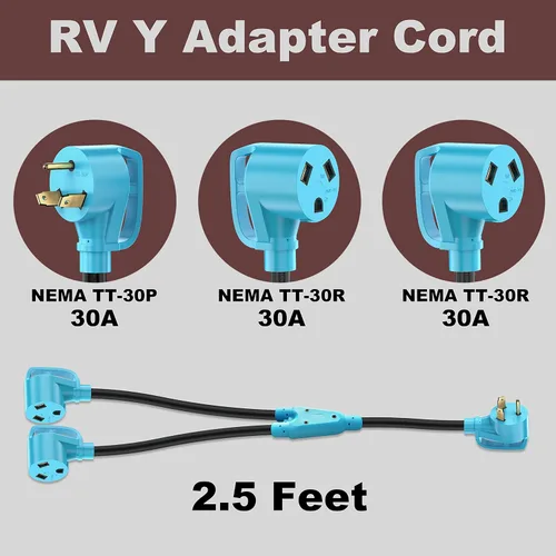 Miniatura 2 de CircleCord Cable adaptador en Y para caravana de 30 amperios a dos 30 amperios, enchufe macho NEMA TT-30P a hembra TT-30R con mango de agarre, STW