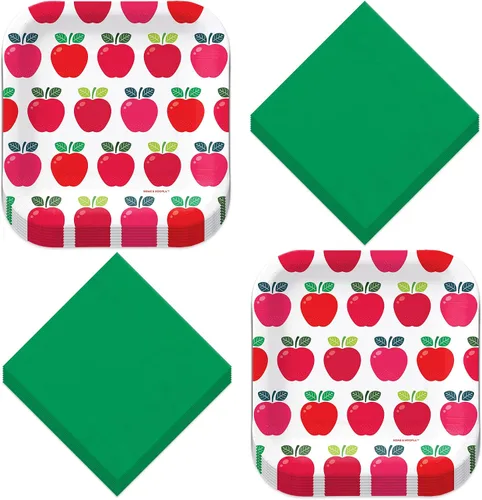 Miniatura 6 de HOME & HOOPLA Apple Party Supplies – Platos y servilletas de papel cuadrado de manzana roja (sirve 16) – Vajilla temática de manzana, otoño