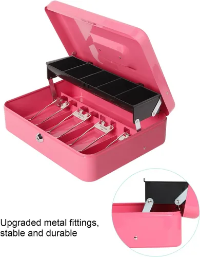 Miniatura 6 de Caja de dinero grande con bandeja de dinero y cerradura, caja de dinero de metal para efectivo, caja de seguridad de 11.8 x 9.5 x 3.54 pulgadas, rosa