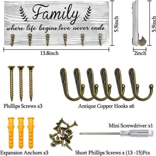 Miniatura 6 de AHYS Soporte de pared para llaves de pared, decoración de pared familiar, colgador de llaves de madera con 6 ganchos para decoración de casa