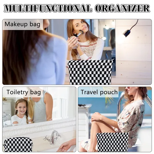 Miniatura 3 de ZLFSRQ Bolsa de maquillaje a cuadros para mujer, grande y pequeña, juego de bolsa de cosméticos a cuadros, bolsas de aseo de viaje, bolsa