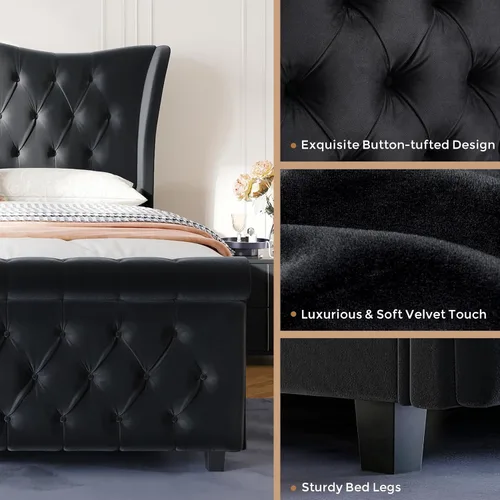 Miniatura 6 de koorlian Base de cama Queen, cama tapizada en terciopelo con cabecero y estribo con alas de voluta, cama moderna de lujo y suave con botones, fácil