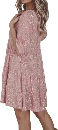 Miniatura 5 de Vestido de lentejuelas brillantes para mujer, cuello redondo, manga corta, color sólido, suelto, con purpurina, vestido de muñeca de bebé, fiesta