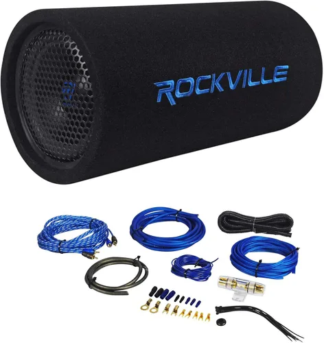 Rockville Paquete RTB80A: tubo de graves de subwoofer alimentado por RMS de 8 pulgadas y 400 vatios de pico de 400 vatios, kit completo de cables de