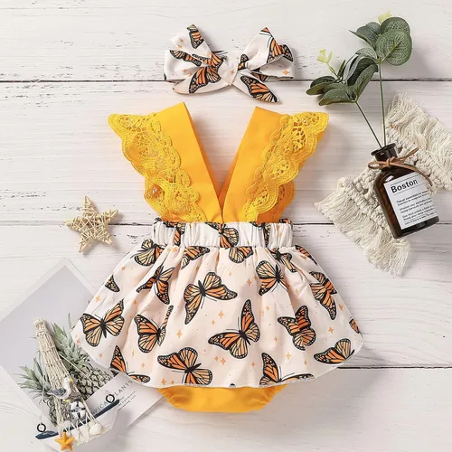 Miniatura 3 de Mameluco con estampado de manga mosca de encaje para niñas recién nacidas, conjunto de diadema para baile 2t (amarillo, 0-3 meses)