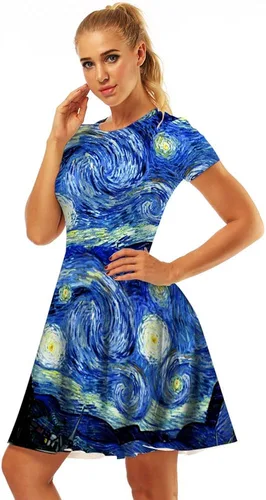 Miniatura 2 de Plustrong Vestido midi acampanado casual de manga corta con estampado 3D para mujer
