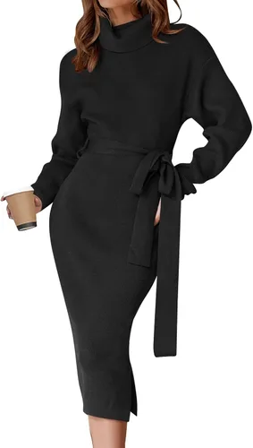 Miniatura 42 de ZESICA - Vestido por debajo de la rodilla de suéter, de cuello alto, para mujer, de manga larga, de punto acanalado, con abertura y cinturón