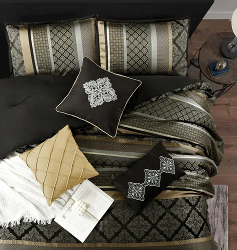 Miniatura 3 de Grand Avenue Juego de edredón geométrico negro y dorado, tamaño California King, juego de ropa de cama jacquard de 7 piezas, ultra suave, fundas a