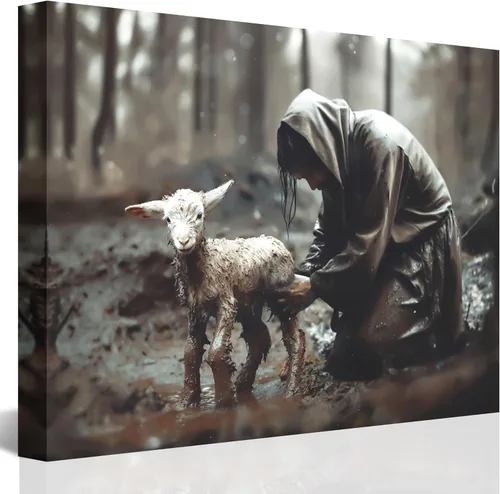 Miniatura 14 de Lienzo decorativo cristiano de Jesús con cordero, lienzo religioso de rescate del pastor, envuelto en galería, listo para colgar, decoración de fe