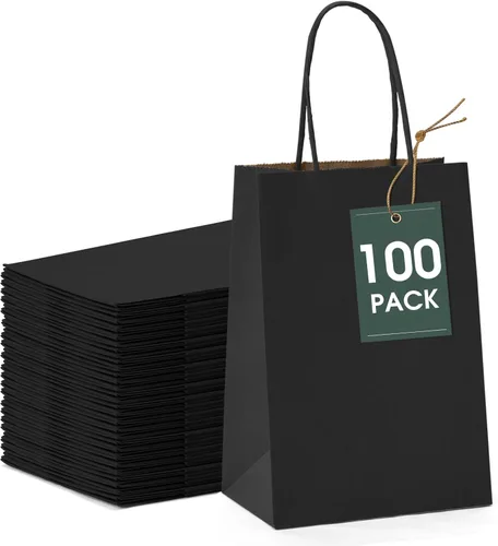 GSSUSA Bolsas de regalo negras de 5.25 x 3.75 x 8 pulgadas, 100 unidades, bolsa para el día de San Valentín, bolsas de papel negro con asas a