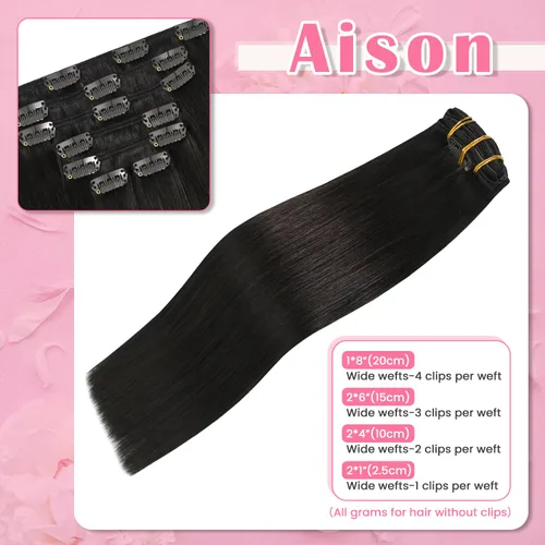 Miniatura 4 de Aison Extensiones de cabello humano real con clip, color marrón oscuro, 2.47 onzas, cabello humano Remy, 12 pulgadas, para mujeres, 7 unidades, 16