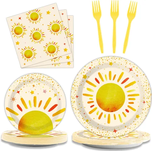 96 Piezas Decoraciones Primer Viaje Alrededor del Sol Sunshine Platos de Fiesta de Cumpleaños Platos Desechables Boho Sun Servilletas Folks Juego de