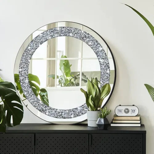 Miniatura 4 de Espejo Redondo Plateado Brillante Crystal Crush con Diamantes para Decoración de Pared 20x20x1 pulgadas para Colgar en Pared sin Marco Bling