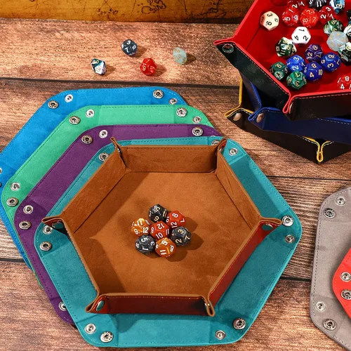 Miniatura 7 de 12 bandejas de dados a granel para rodar, portátil, plegable, hexagonal, bandeja fuerte, portátil, de piel sintética, terciopelo para juegos como