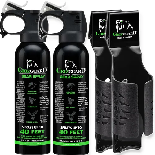 Griz Guard Bear Spray con funda de 40 pies de alcance, máxima resistencia, espray registrado por la EPA para osos, leones de montaña, coyotes,