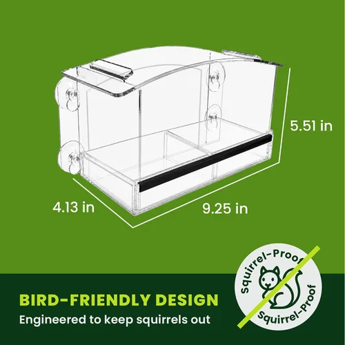 Miniatura 3 de Nature Gear Comedero de pájaros acrílico transparente con ventosas fuertes, bandeja deslizante extraíble para semillas, resistente a la intemperie