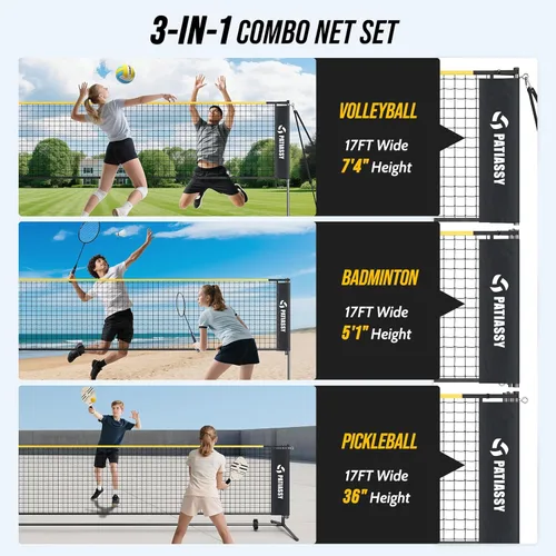 Miniatura 2 de Volleyball Badminton Pickleball 3-in-1 Combo Net Set, 5.1-7.4ft Adjustable Height Sports Nets for Backyards, Portable 17ft Outdoor Net with Carry