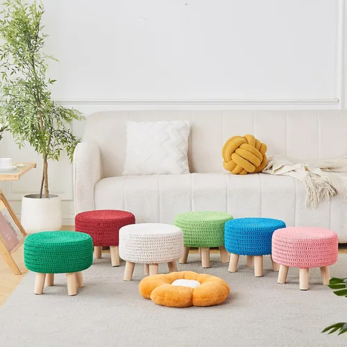 Miniatura 7 de Wimarsbon Puf otomano, reposapiés bohemio de punto 100% algodón, reposapiés redondo con patas de madera antideslizantes, decoración del hogar, puf