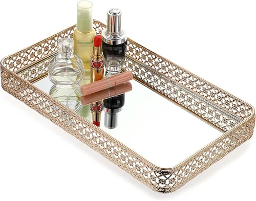 ELLDOO Bandeja Dorada para Perfumes y Maquillaje - Almacenamiento de Joyas con Tallado Hueco, Organizador de Baratijas de Cristal y Metal para Dorado