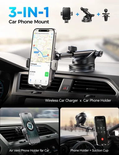 Miniatura 2 de Cargador inalámbrico de coche con soporte para teléfono, soporte de teléfono de carga rápida de 15 W, soporte de teléfono con abrazadera automática