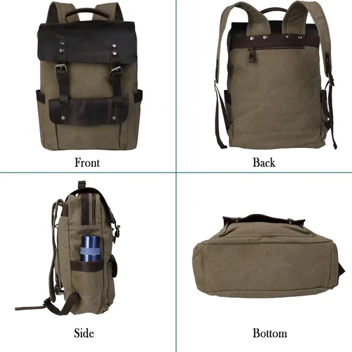 Miniatura 4 de Mochila de lona vintage con cuero de vaca de grano superior, bolsa de trabajo para portátiles de 16 pulgadas, Verde militar, Mochilas de viaje