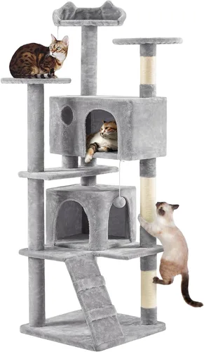 Yaheetech Árbol para Gatos Multinivel de 70 Pulgadas Torre Alta para Gatos Mueble para Gatos con Condominio, Postes Rascadores y Pelota Colgante Gris