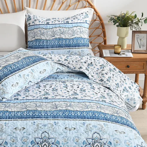 Miniatura 6 de HORIMOTE HOME Juego de edredón bohemio tamaño individual, color azul, bohemio, floral, suave, ligero, para todas las estaciones, colcha de granja