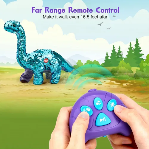 Miniatura 6 de Koonie Juguetes de dinosaurio para niñas, juguetes para niñas de 2 años, dinosaurio morado, control remoto, reversible, con lentejuelas, juguete