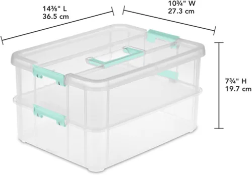 Miniatura 3 de Sterilite Paquete de 4 cajas de asas de 2 capas para almacenamiento en el hogar y la oficina, base transparente y tapa con pestillos