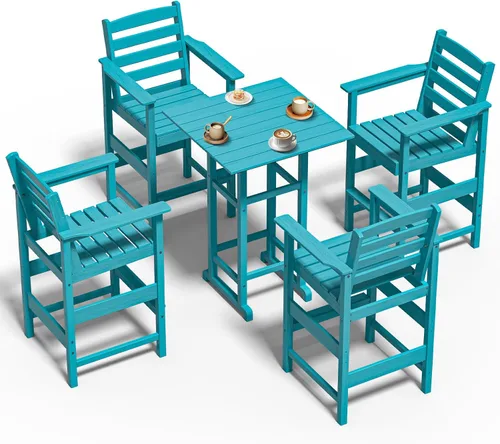 Miniatura 20 de nevilywood Adirondack - Juego de 5 sillas altas de bar, juego de 4 sillas de bar Adirondack con mesa, muebles de patio de polietileno de alta Teca