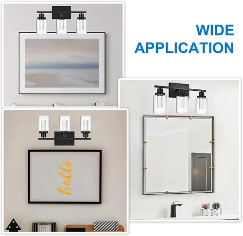 Miniatura 7 de MELUCEE Lámparas de tocador de baño, 3 luces LED sobre espejo, 3000 K-6000 K, moderna luz negra para baño con pantalla de cristal de burbujas, chips