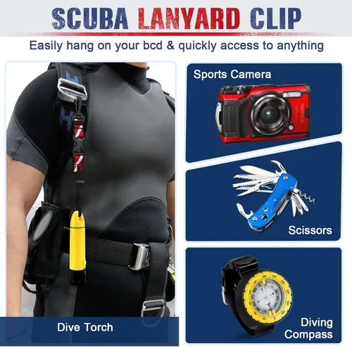 Miniatura 2 de Paquete de 2 clips de cordón de buceo, correa resistente de liberación rápida antipérdida con lazo ajustable y banda de banda de banda de buceo