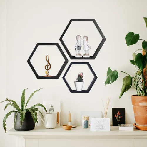 Miniatura 2 de PHOENANCEE - Estantes flotantes hexagonales, juego de 3 estantes de nido de abeja, estantes de pared de madera estilo granja para almacenamiento