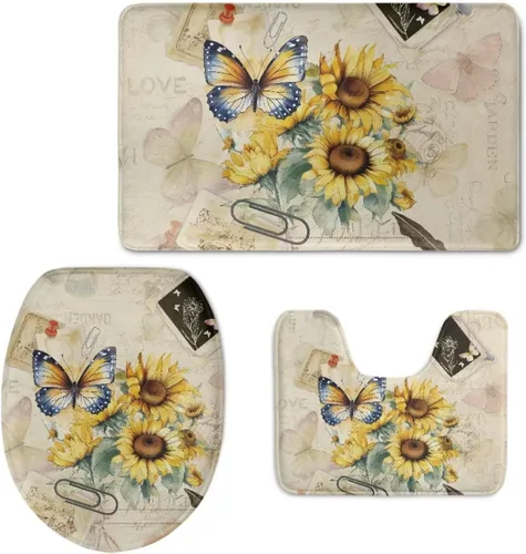 Miniatura 8 de UNICEU Alfombras de baño de 3 piezas, diseño de margaritas hippie, girasol, suave, absorbente, alfombrilla de baño + alfombrilla de contorno