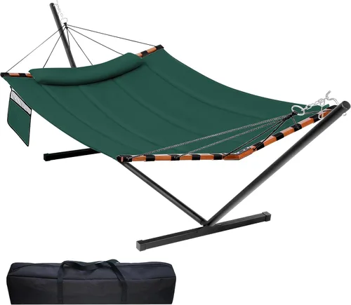 Miniatura 10 de TegerDeger Hamaca para 2 personas de 12 pies con soporte incluido, hamaca grande de 55 x 79 pulgadas, capacidad de 450 libras con barra separadora