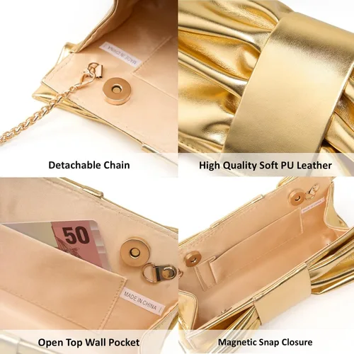 Miniatura 6 de Elegante bolso de mano con lazo para mujer, suave y plisado, bolsa de noche de poliuretano con cadena desmontable para fiesta de graduación, boda