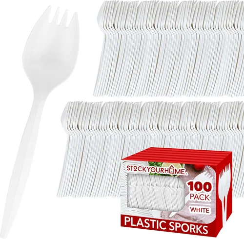 Miniatura 8 de Sporks desechables (paquete de 50) tenedores de plástico blanco, sin BPA, seguros para niños, utensilios 2 en 1, cuchara de tenedor de peso pesado