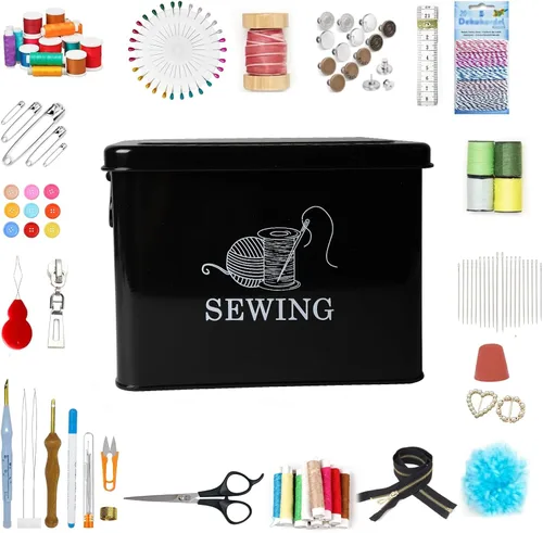 Miniatura 6 de Cesta de costura de metal de 2 niveles con bandeja extraíble, organiza suministros de costura, tijeras, hilo, alfileres y clips con estilo (negro)
