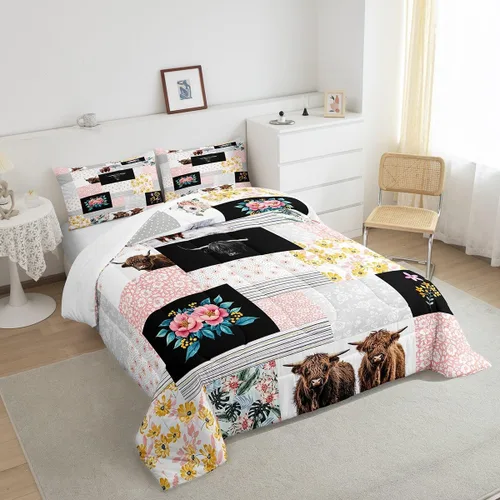 Miniatura 4 de Juego de ropa de cama de vaca de las tierras altas, edredón de ganado de las tierras altas, juego de edredón rosa floral de vaca occidental, juego