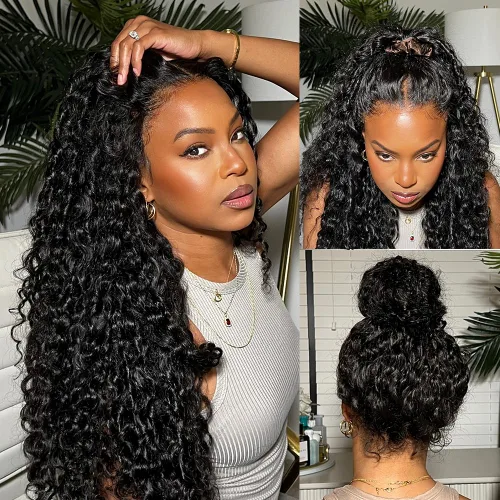Miniatura 25 de Pelucas de cabello humano ondulado con encaje frontal 360 con correa oculta, nudos blanqueados, sin pegamento, previamente despuntadas, precortadas