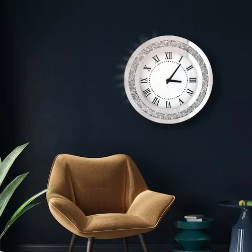 Miniatura 5 de Reloj de pared redondo con espejo plateado de 12 pulgadas con cristales brillantes y diamantes de imitación para decoración de pared, espejo