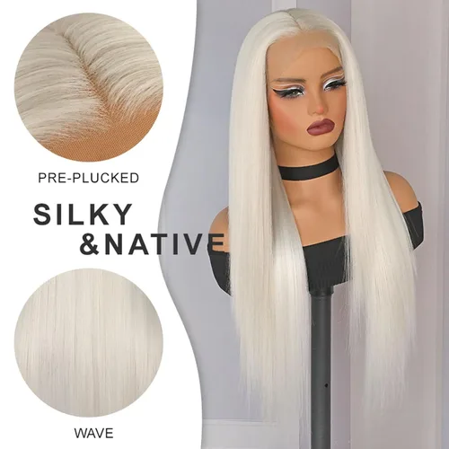 Miniatura 6 de Lovestory Peluca de encaje frontal larga y recta color blanco platino, predepilada, rubio platino, pelucas de encaje frontal sintético para mujeres