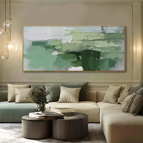 Miniatura 8 de SHEYOYE Lienzo abstracto de montaña gris azul y gris pardo con colinas verde oliva, 32 x 71 pulgadas, decoración de paisaje con textura grande