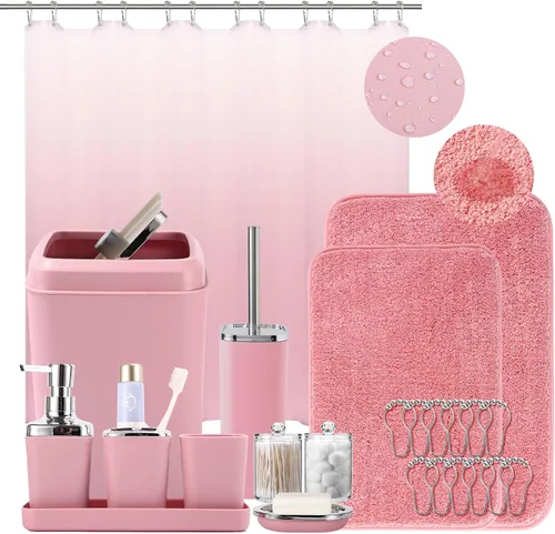 Miniatura 11 de XLHOMO - Juego de baño beige de plástico de 9 piezas, con basurero, dispensador de jabón, portacepillos de dientes, vaso, jabonera, cepillo