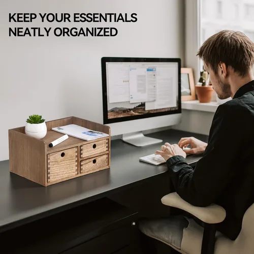 Miniatura 6 de KIRIGEN Organizador de escritorio con 3 cajones - Caja de almacenamiento con cajones de madera y bandejas para mesa - Organizador de herramientas