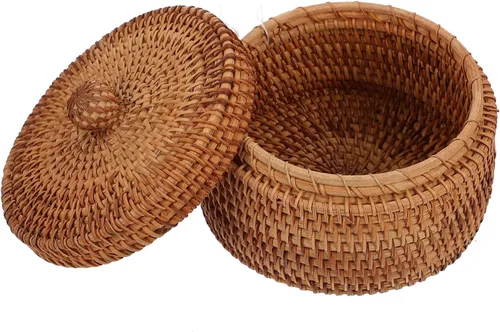 Miniatura 4 de Abaodam Caja de almacenamiento de ratán tejida a mano con tapa, pequeña cesta redonda de mimbre para organización de escritorio, estante de baño